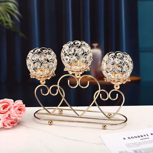 Luxury Crystal Tealight Candle Holder – Gold Metal 3-Arm Stand